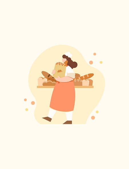 橘黄色扁平风面包师抱着装有面包的纸袋人物主题元素