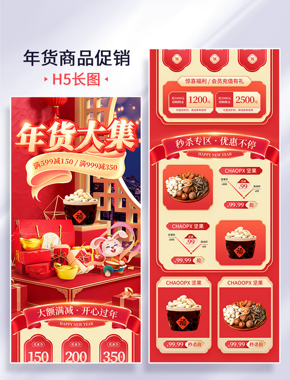 红色喜庆2023兔年年货节买年货坚果零食促销打折电商首页活动页