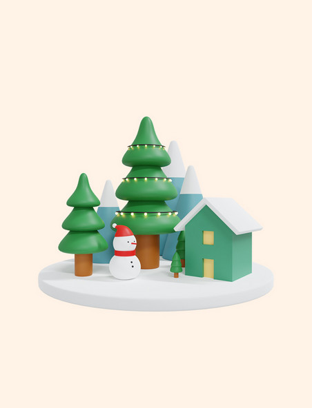 3D圣诞圣诞节圣诞树雪人雪屋