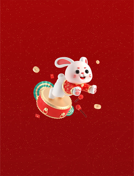 3D兔年春节新春过年喜庆跳起兔子