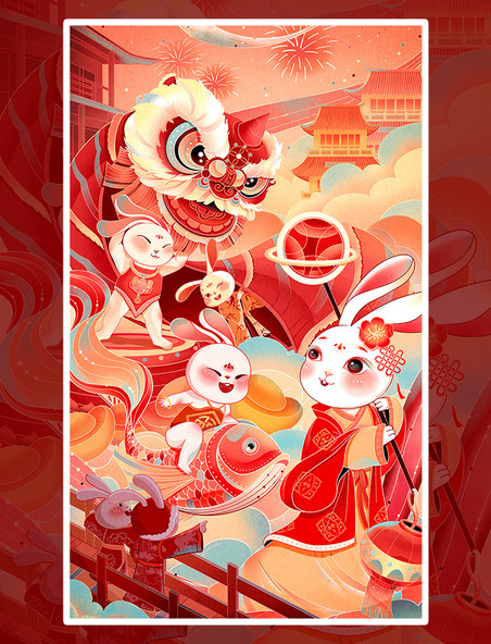 兔年新年国风插画春节