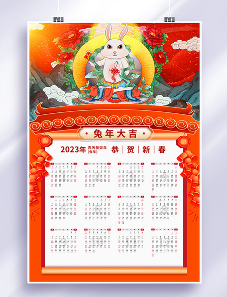 红色中国风兔年吉祥新年日历挂历兔子海报