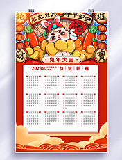 兔年大吉日历吉祥2023新年日历挂历兔子红色中国风海报