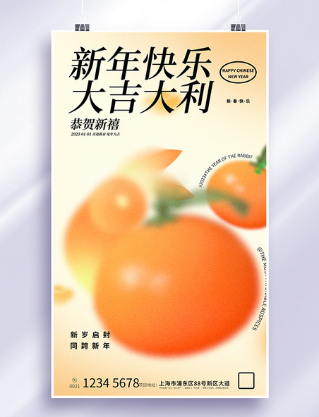 橙色橘子橙子2023兔年新年春节新春大吉大利弥散风节日海报