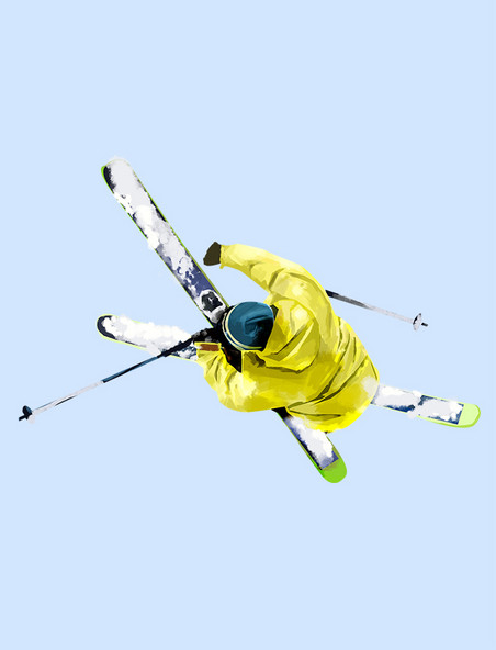 俯视蓝绿色动感极限手绘冬天运动滑雪滑雪板动态运动员人物创意元素手绘