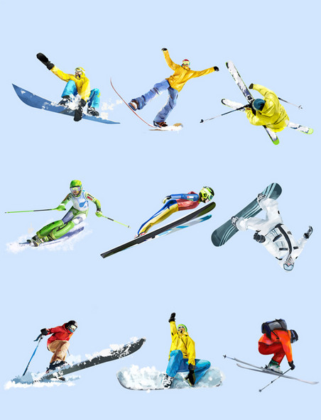 手绘冬天运动滑雪滑雪板动态运动员人物创意元素套图