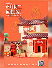 兔年3D春节年俗习俗新年过年一家人正月初二回娘家