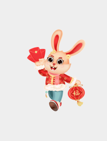 喜庆2023兔年春节兔子手拿红包红灯笼立体动图gif