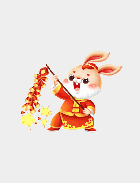 中国风兔年春节兔子放鞭炮喜庆卡通立体动图gif