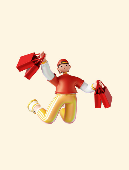 新年3D立体购物人物年货节电商促销跳起人物