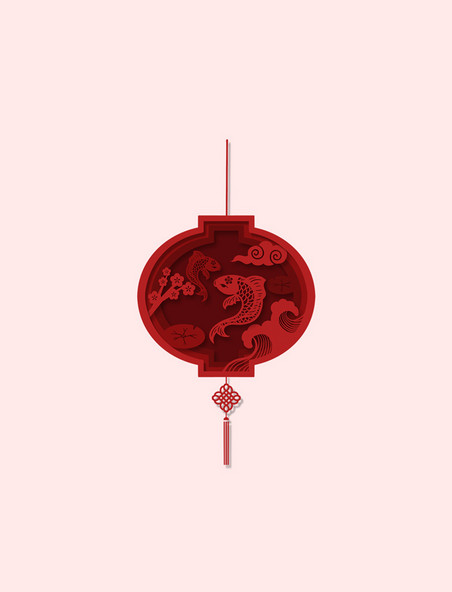春节新春新年浮雕红色剪纸锦鲤灯笼