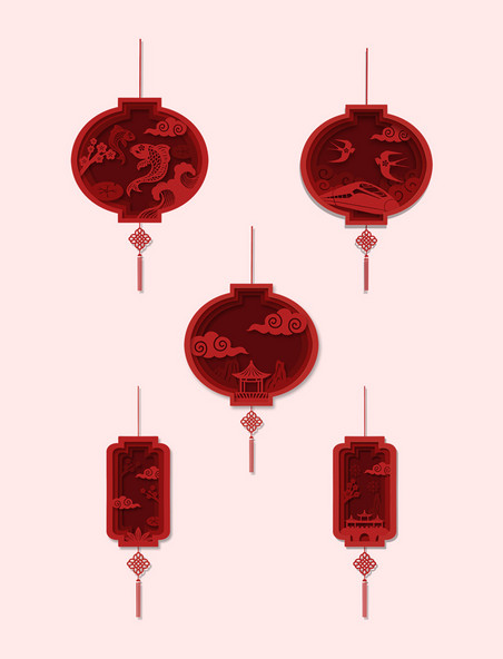 春节新春新年浮雕红色剪纸灯笼