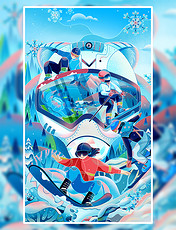 冬日运动滑雪北极熊国潮中国风插画冬天冬季体育竞技
