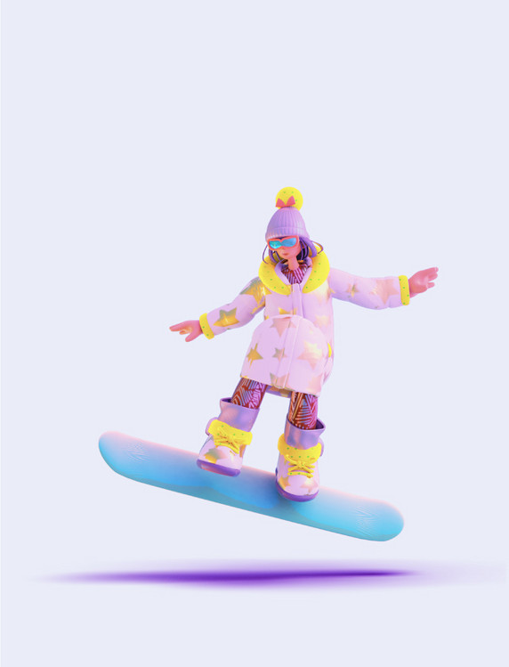 3D立体冬季冬天潮流滑雪滑冰女孩人物