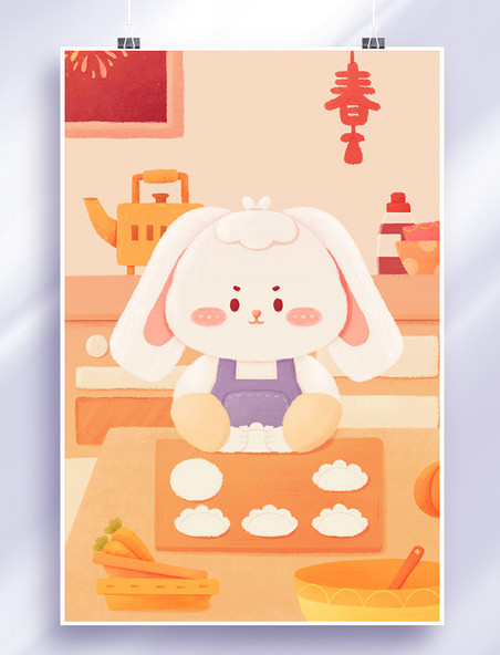 喜庆热闹春节过新年团圆可爱兔子包饺子