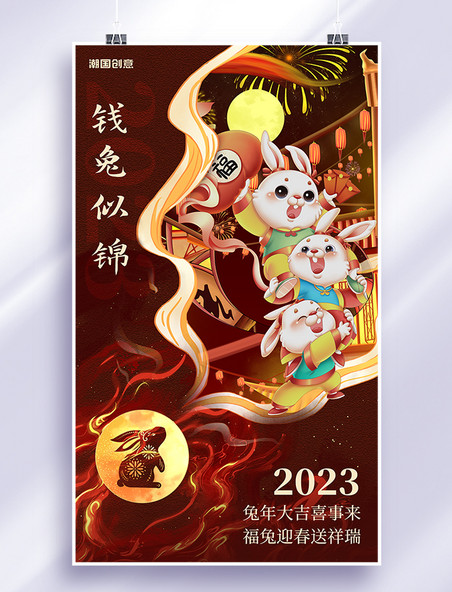 2023年新年兔年春节国潮风剪纸风节日海报