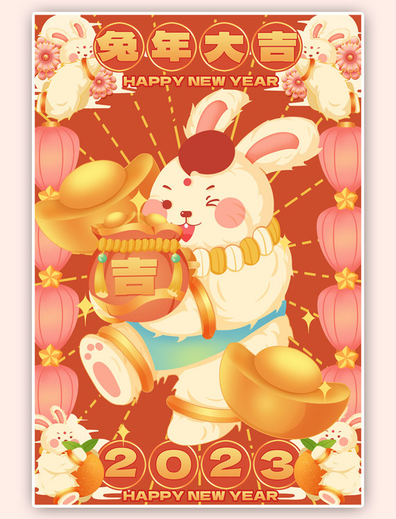 兔年新春新年复古胖兔福袋海报