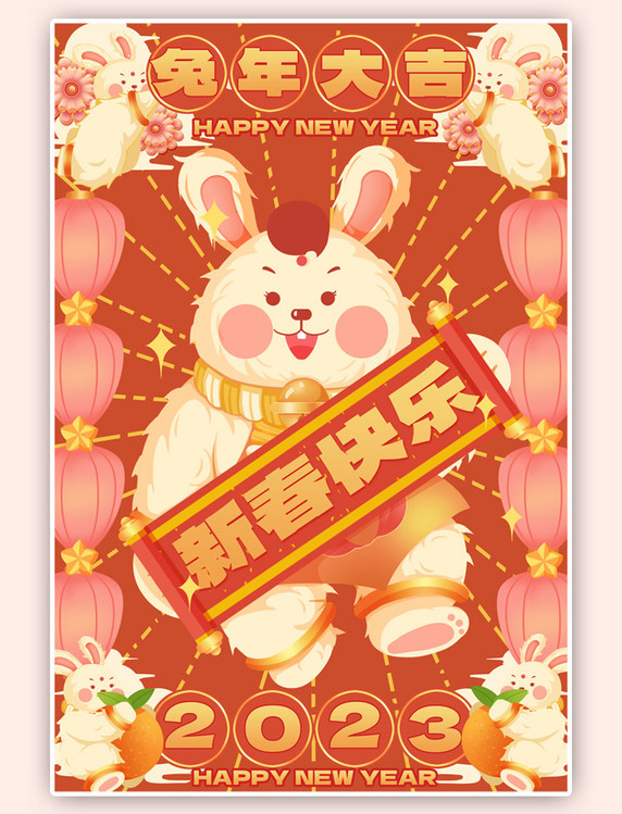 兔年新春新年复古风胖兔春联海报
