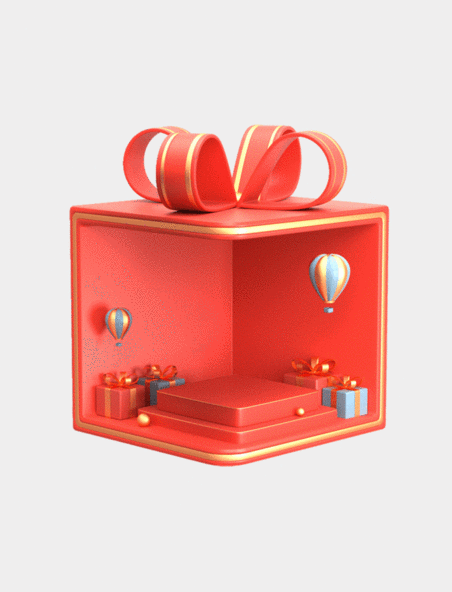 C4D立体3D红色礼物盒热气球展台展台动图gif