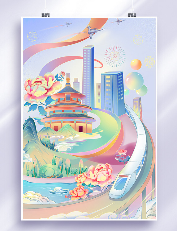 中国风城市地标创意场景插画