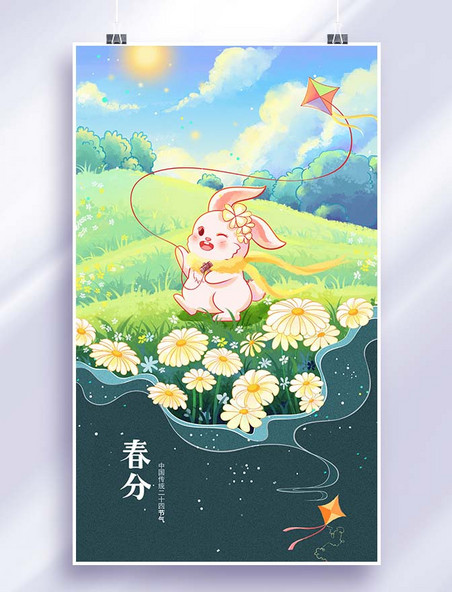 蓝绿色Q版兔子二十四节气之春分系列海报
