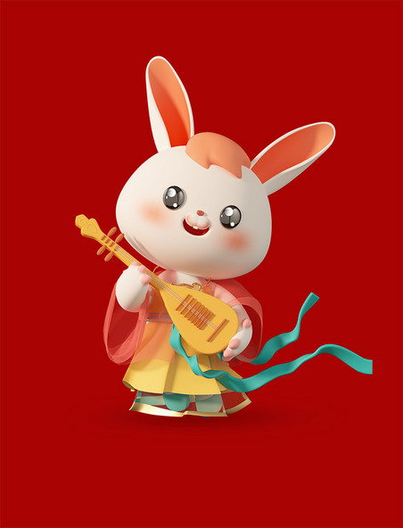 3D立体C4D中国风卡通兔年喜庆兔子春节新春乐器弹琵琶
