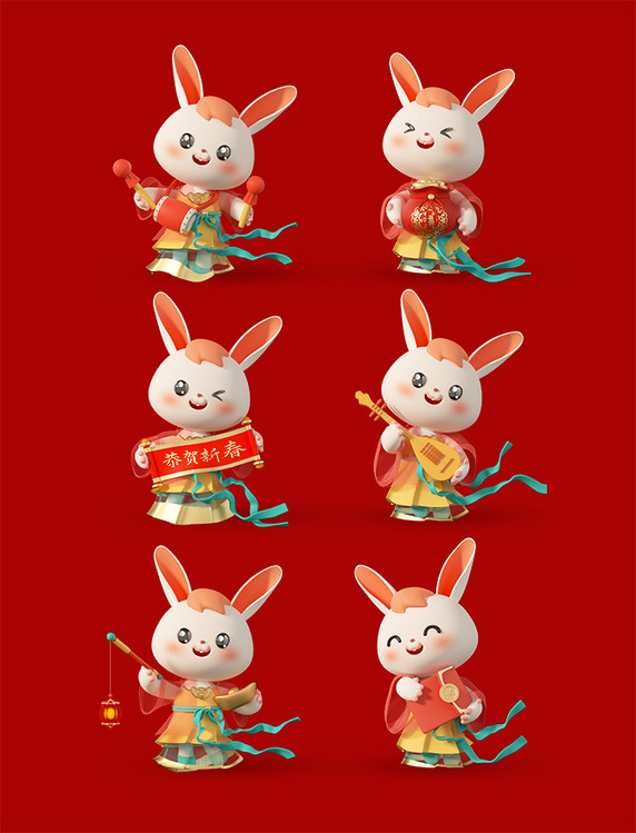 3D立体C4D中国风卡通兔年喜庆兔子春节新春套图