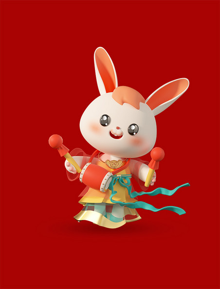 3D立体C4D中国风卡通兔年喜庆兔子春节新春打腰鼓打鼓