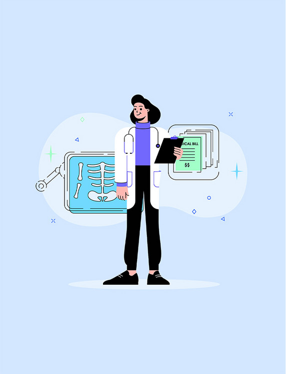 扁平矢量医疗医生线性人物女医生