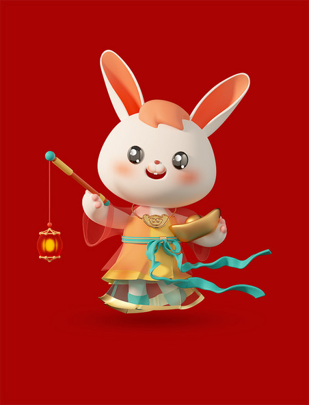 3D立体C4D中国风卡通兔年喜庆兔子春节新春提灯笼抱元宝