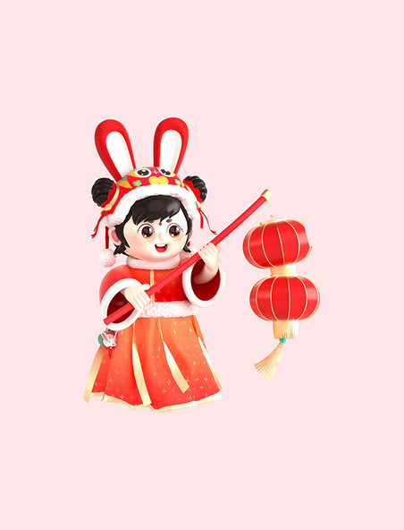 兔年春节新年中国风古风女孩福娃人物打灯笼