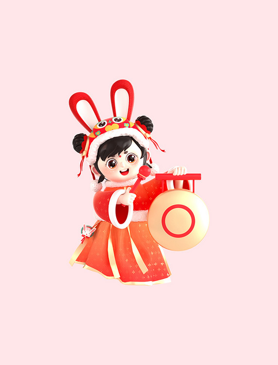 兔年春节新年中国风古风女孩福娃人物敲锣