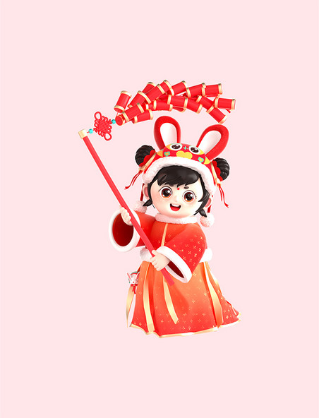 兔年春节新年中国风古风女孩福娃人物放鞭炮
