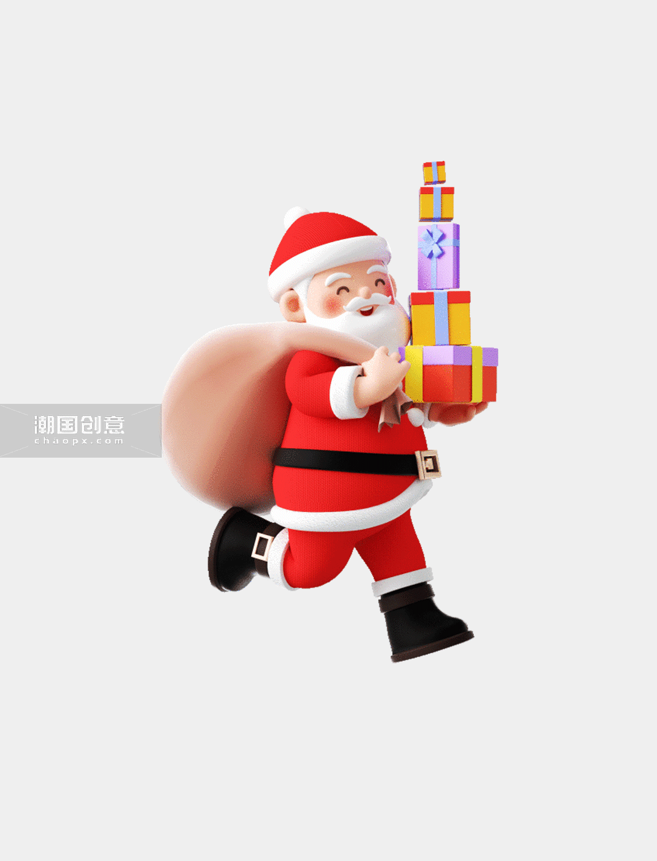 圣诞节圣诞C4D3D立体圣诞老人背着袋子跑步送礼物动图gif
