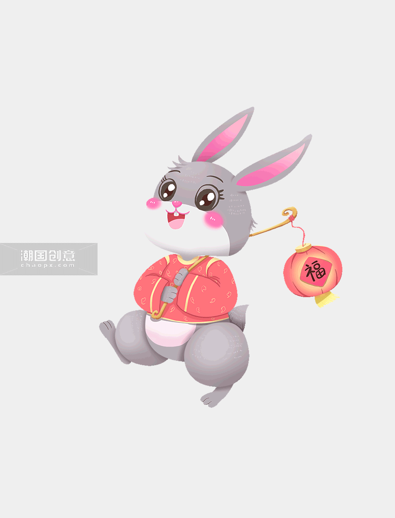 兔年春节新年灰色可爱兔子拿灯笼卡通动图gif