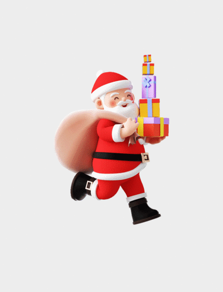 圣诞节圣诞C4D3D立体圣诞老人背着袋子跑步送礼物动图gif
