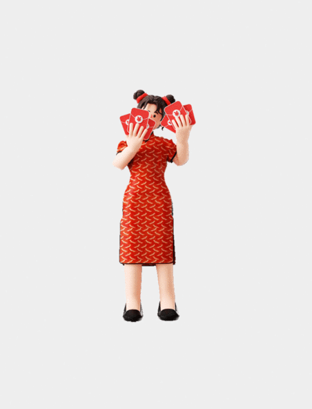 C4D立体3D春节新春过年旗袍女生人物拿红包动图gif新年