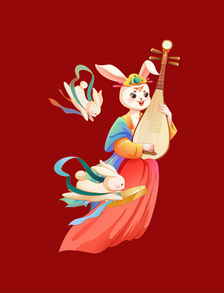 兔年春节中国风兔子抱琵琶元素