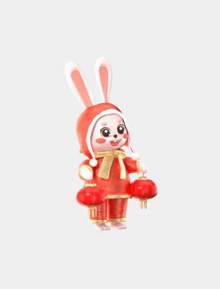 兔年春节兔子C4D立体3D红色兔子提灯笼动图gif