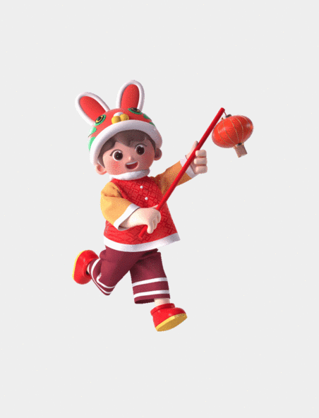 春节新春过年喜庆C4D立体3D兔头帽小孩提灯笼跑步动图gif