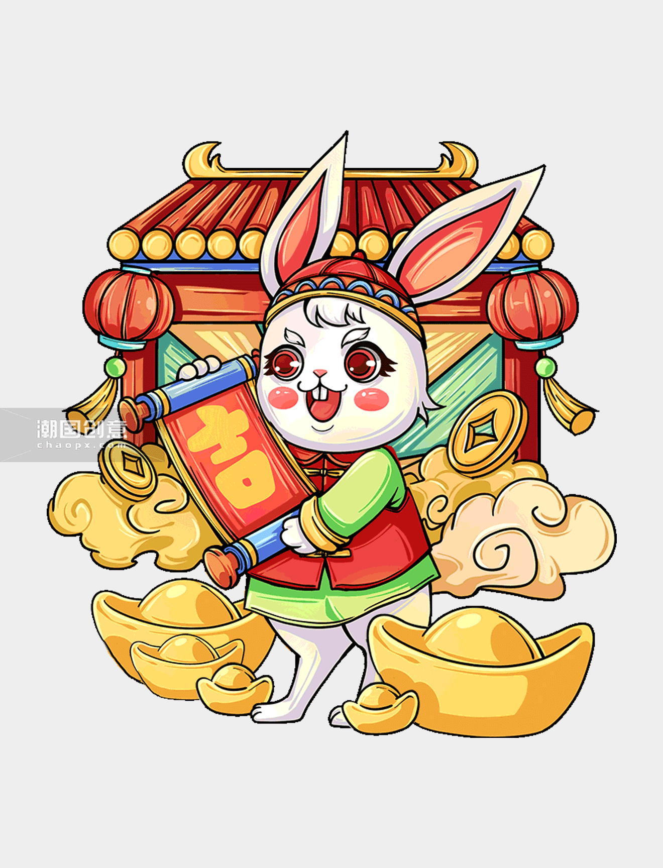 国潮风春节兔年兔子手拿对联吉元宝动图gif