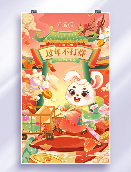 国潮喜庆年货节宣传促销插画海报春节新年兔年购物