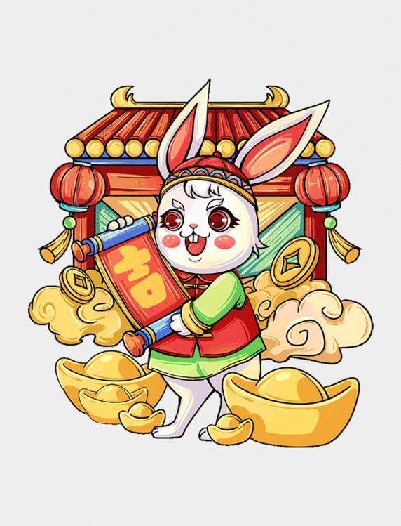 国潮风春节兔年兔子手拿对联吉元宝动图gif