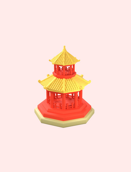 3D立体古建筑八角亭春节新年中国风国潮