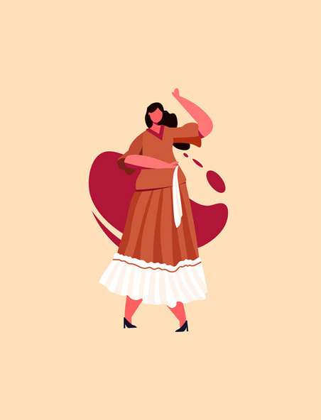 红色扁平风乐器跳舞女性穿着长裙表演舞蹈人物主题元素