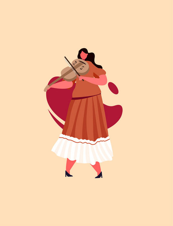 红色扁平风乐器跳舞女性表演小提琴人物主题元素