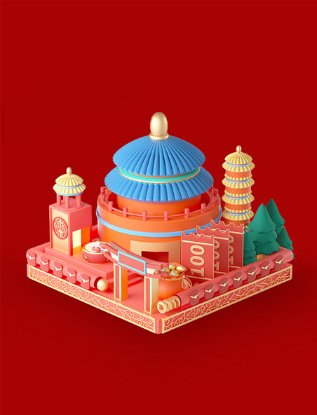 3D立体中国风国潮年货节喜庆中式建筑春节兔年