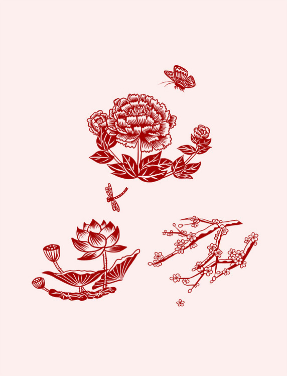 红色剪纸牡丹荷花梅花装饰元素花卉