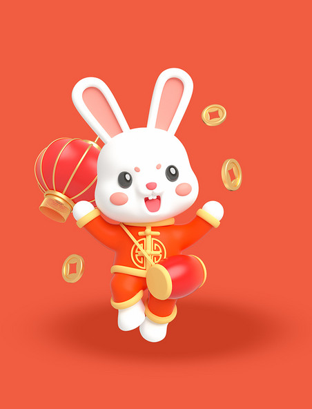 兔年3D立体C4D春节新春喜庆兔子打腰鼓打鼓