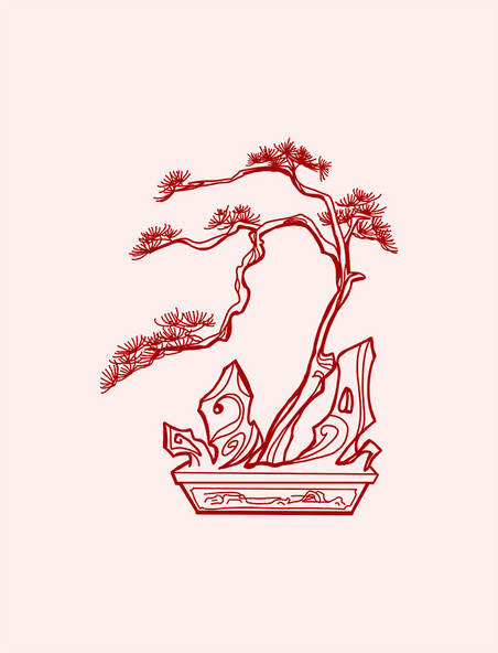 中国风红色剪纸青松迎客松盆栽春节窗花松树